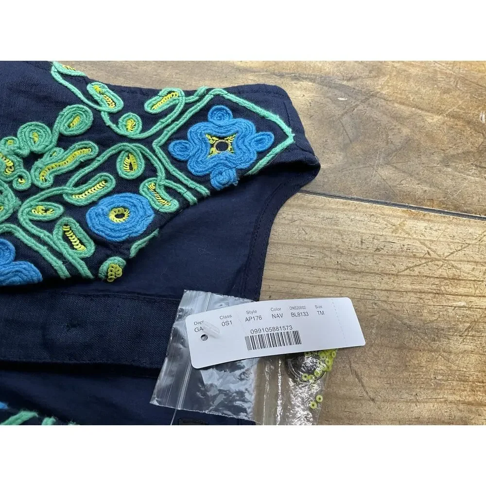 J.CREW Shift Dress Navy Blue Green Embroidered Linen Sleeveless Floral Button MT